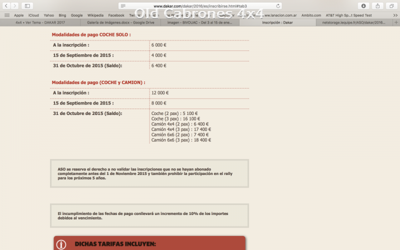 Tarifas DAKAR 2016 -2